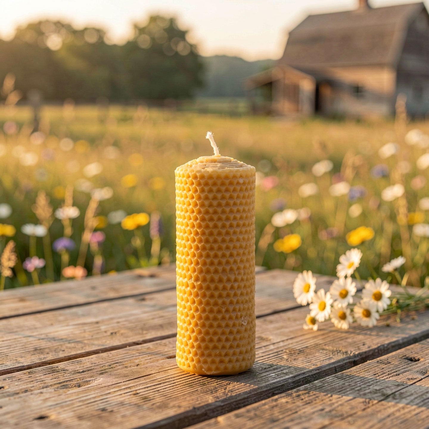 Bienenwachs Stumpfkerze Muster gerollt 14 cm