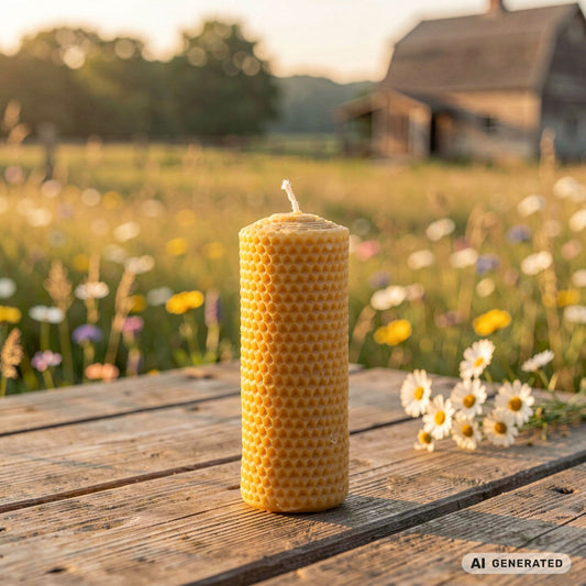 Bienenwachs Stumpfkerze Muster gerollt 14 cm